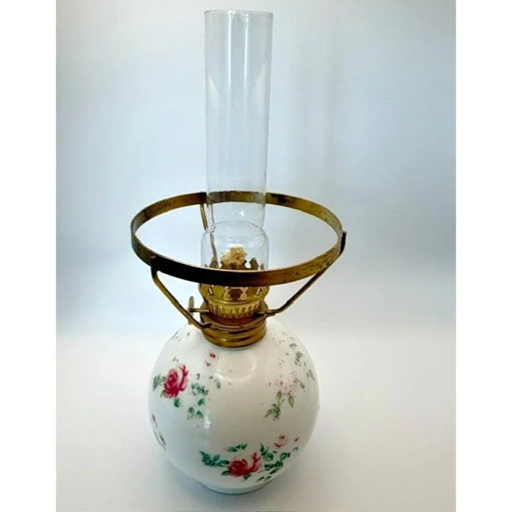 Antique Miniature GWTW Oil Lamp Base White Milk Glass Pink Roses 5 inch Japan